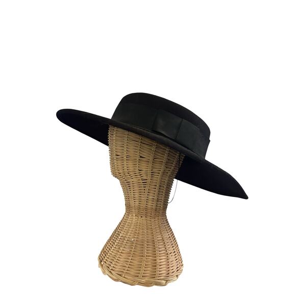 Vintage Black Wide Brim Flat Top Boater Hat Wool Felt Church Derby Size 22 main image 5